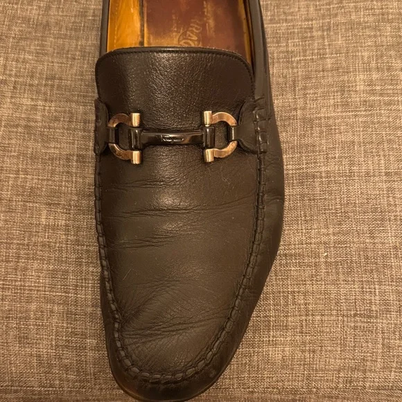 Salvatore Ferragamo Black Leather Loafers with Silver Accents